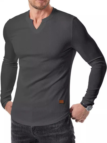 Amazon Cross-border New Foreign Trade Men's V-neck Placket T-shirt Solid Color Casual Fashion Men's Long Sleeve