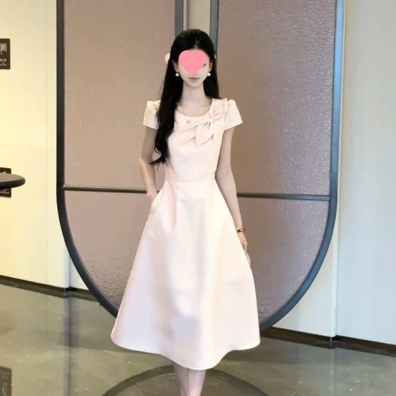 法式甜美粉色连衣裙条纹气质2025夏季新款长裙蝴蝶结显瘦裙子|undefined
