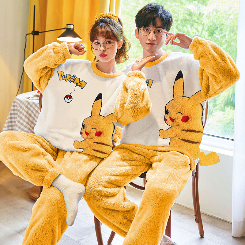 Invierno coral polar pareja pijamas de las mujeres lindo de dibujos animados engrosada franela caliente de los hombres ropa para el hogar traje Generación de pelo