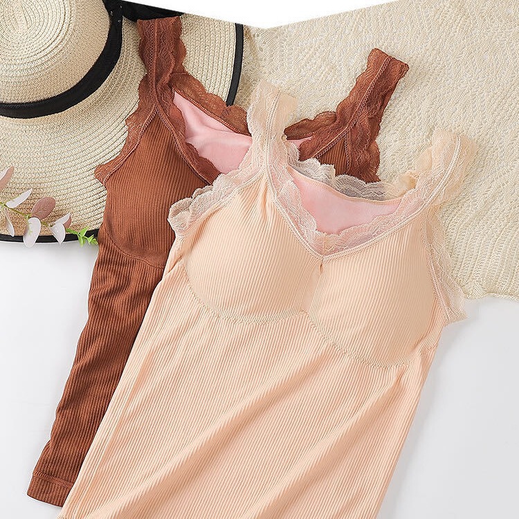 Thermal Vest Women's fleece-lined Thickened Base Shirt Sling Underwear with Chest Pad Lace Slimming plus size Base Shirt