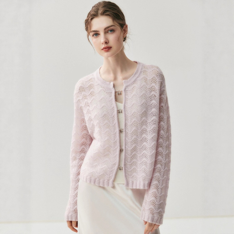 Velvet Cashmere Cardigan Women's Round Neck Cut Out Cardigan U-Shaped Buckle Elegant Hook Pattern Cashmere Outer Jacquard Knitted Jacket