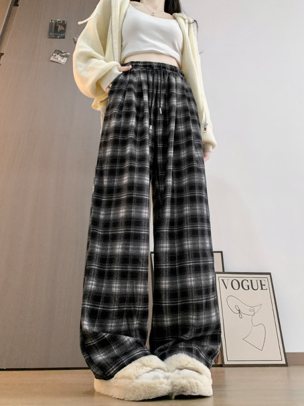 慵懒休闲格纹阔腿裤女秋季高腰宽松遮肉显瘦直筒垂感遛弯拖地长裤|undefined