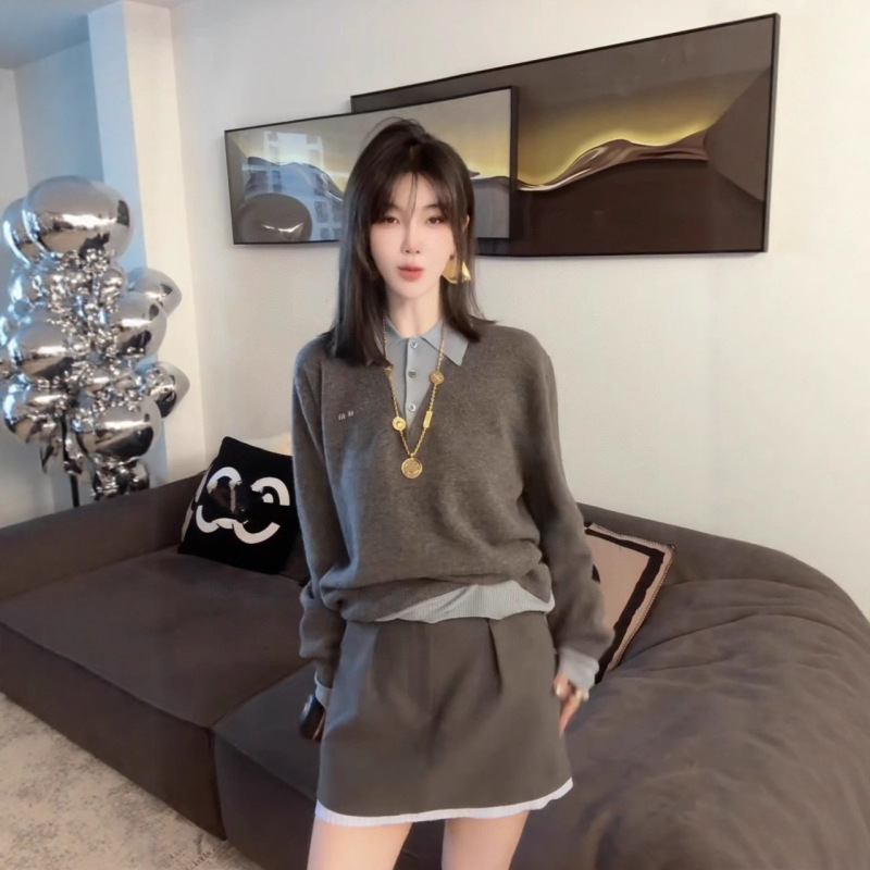 正确版本现货高品质MU家2025新款假两件针织毛衣宽松版型男女同款|undefined