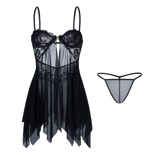 Manny's Sexy Lace Lingerie: Elegant Sheer Strappy Underwire Push-Up Nightdress Set—Drop Shipping Available, Model 8339