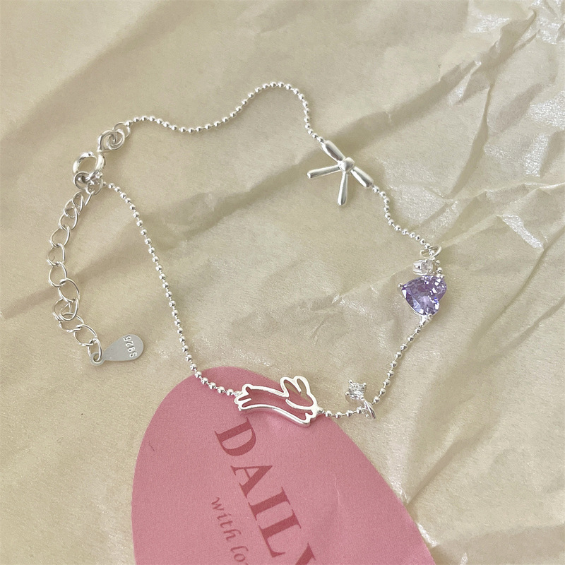 Small fresh purple love zircon bracelet women exquisite sweet 925 sterling silver cute rabbit bow bracelet wholesale