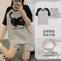 睡衣女款春秋款帶胸墊純棉短袖長褲可愛甜美少女學生夏天薄款套裝