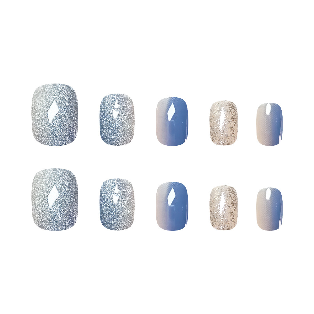 Comercio exterior otoño y invierno gradiente ojo de gato usar uñas azul y blanco brillante sensación de atmósfera de uñas 24 piezas de uñas falsas más vendidas