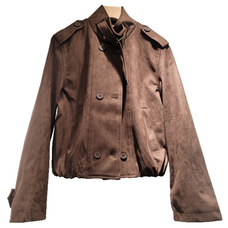 2026 primavera nuevo retro cuello corto chaqueta corta mujer de pelusa dobles hebillas chaqueta de locomotora