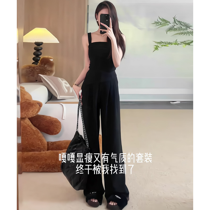 6633 in Stock Youmao Suit Square Collar Slim Fit Top Casual Wide Leg Pants Summer New Style (with Chest Pad)