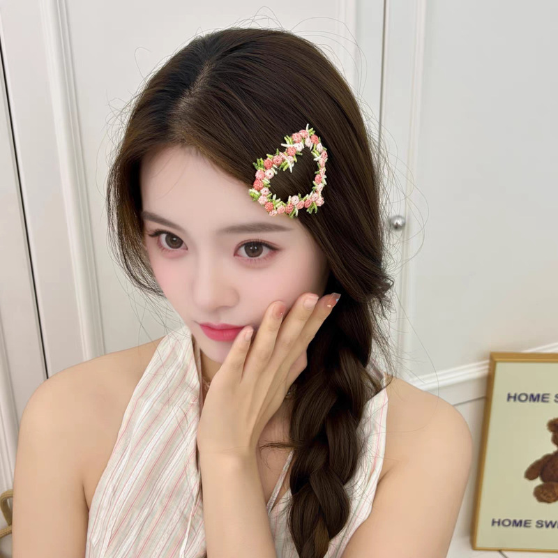 夏天可爱清新甜美绣花朵爱心发夹前额侧边刘海夹少女bb夹子头饰|undefined