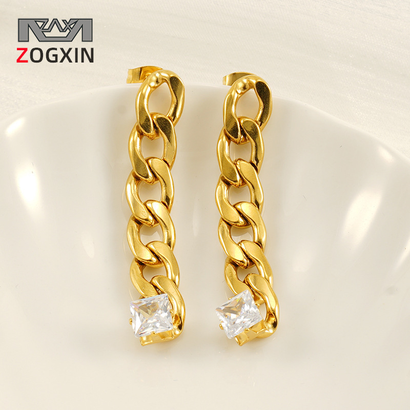 2024 nueva moda transfronteriza estilo europeo y americano cadena de diseño pendientes largos cadena cubana femenina pendientes de circón chapado en oro