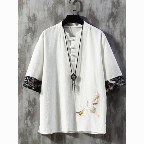 Embroidered linen short-sleeve t-shirt for men, summer thin loose fashion brand large size Tang suit Chinese style cotton linen button-down shirt