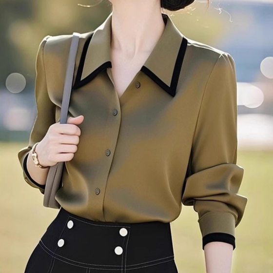 Foreign Trade Fashion High-end Sense Beautiful Olive Green Lapel Long Sleeve Shirt Women's Spring and Autumn Commuter Professional Stacked Shirt
