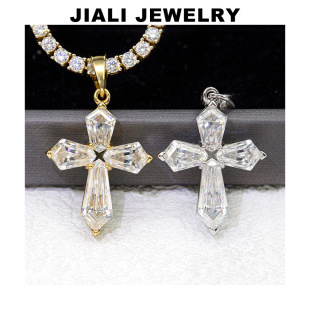 Rock Candy Cross Pendant Silver Inlaid Moissanite Necklace Hip-Hop Personality Unisex European and American Foreign Trade Amazon Hot Sale Wholesale