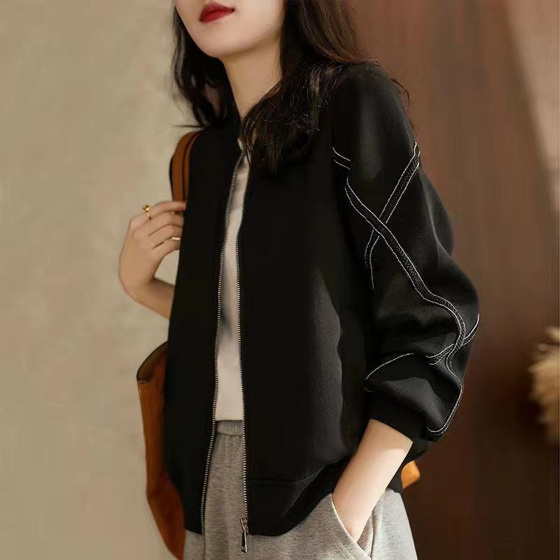 港风棒球服夹克黑色外套女大码显瘦女装2025秋季新款开衫拉链外套|undefined