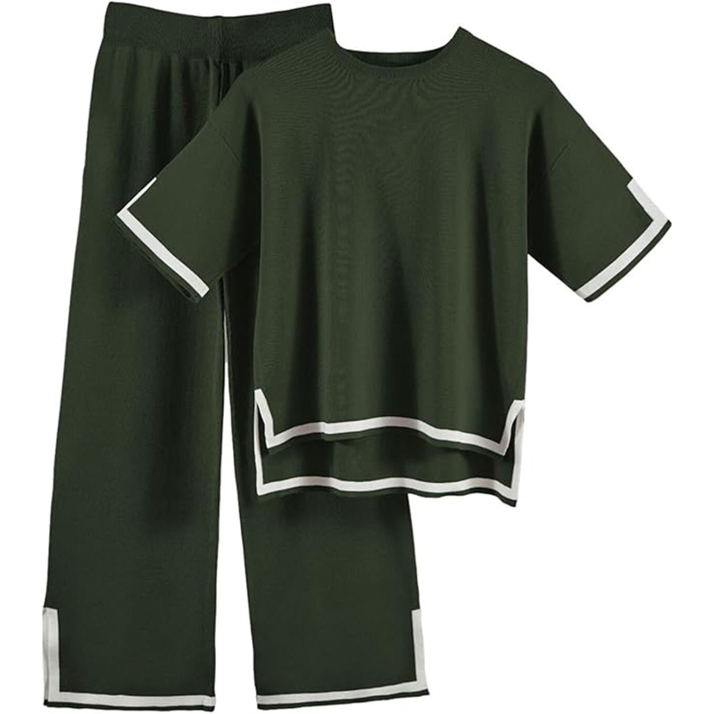Women's Pant Set Two Piece Color Block Short Sleeve Wide Leg Trouser_voghion.com
