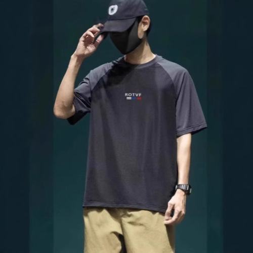 Summer 2025 New Collage Contrast Color Crew Neck Short Sleeve T-Shirt for Men, Instagram Trendy Brand Loose Top Casual Half Sleeve Tee