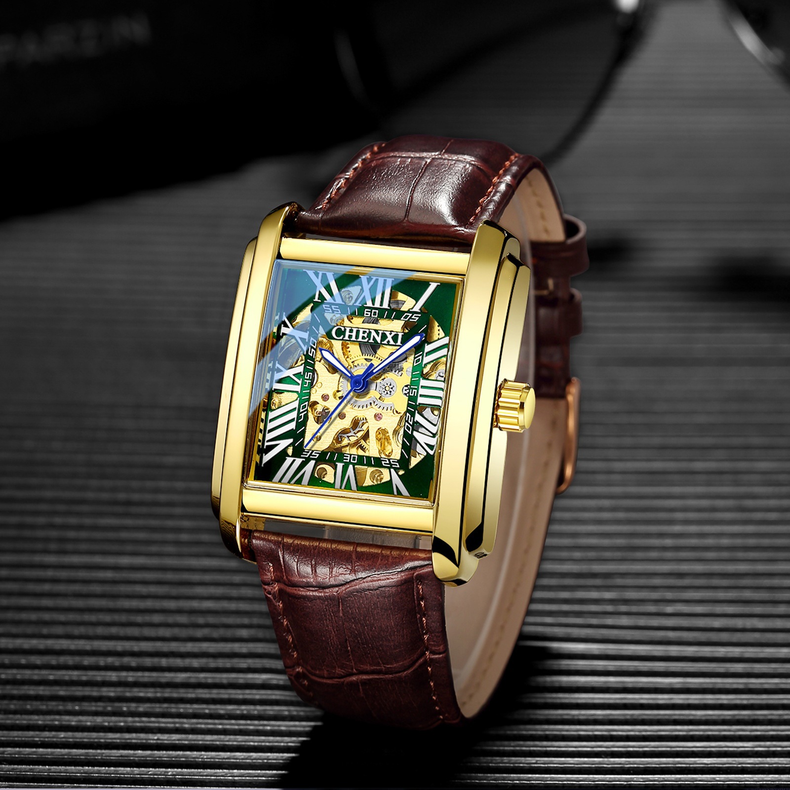 CHENXI reloj mecánico automático de los hombres Correa cuadrada hueco transparente inferior casual reloj 8816