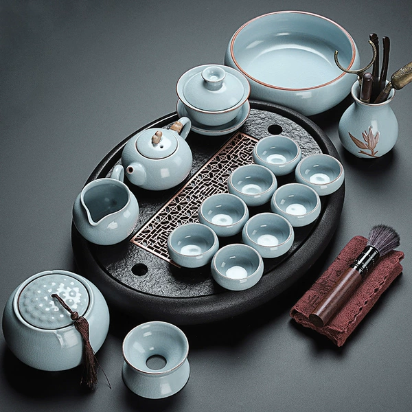 ZH-609 Ru Kiln hometown of auspicious pot 15 pieces+Fula elliptical Wujin stone tea tray