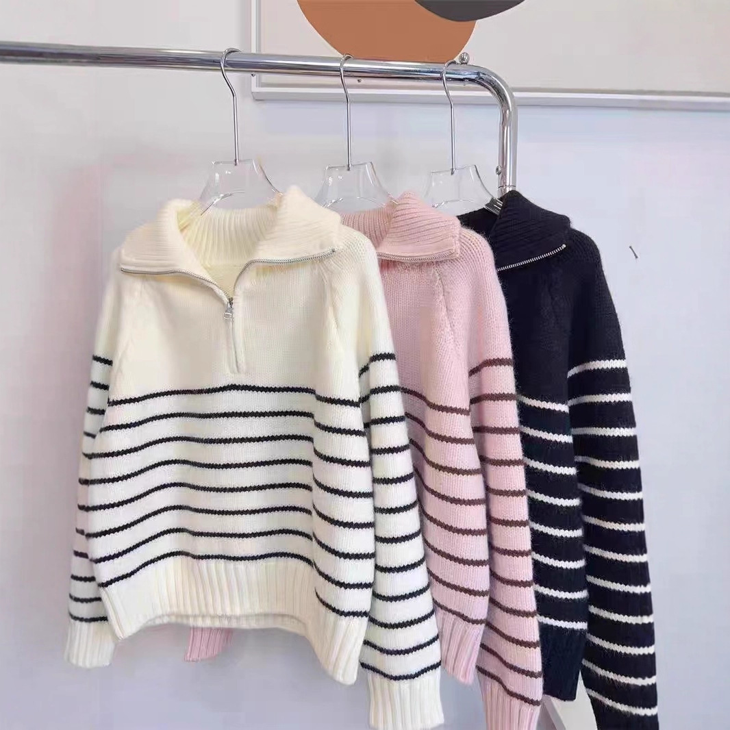 秋冬跨境新款半拉链翻领撞色条纹针织休闲时尚毛衣女
