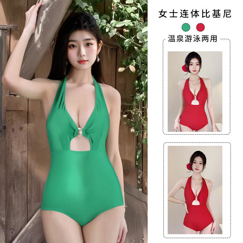 Traje de baño de estilo de Hong Kong de alta gama para mujer retro sexy sin espalda cubierta vientre eslinga delgada traje de baño coreano ins de una pieza al por mayor