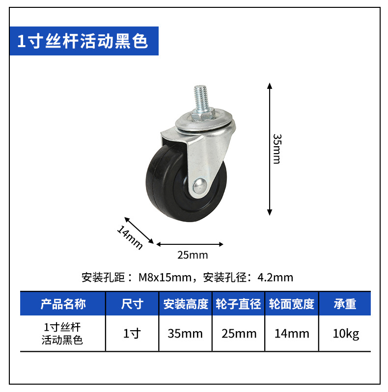 Rueda Giratoria de Tornillo para Muebles M8 de 1, 1.25, 1.5 y 2 Pulgadas de PVC con Freno