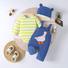 欧美男婴长袖条纹上衣+灯芯绒背带裤+帽子套装可爱卡通大鹅3件套