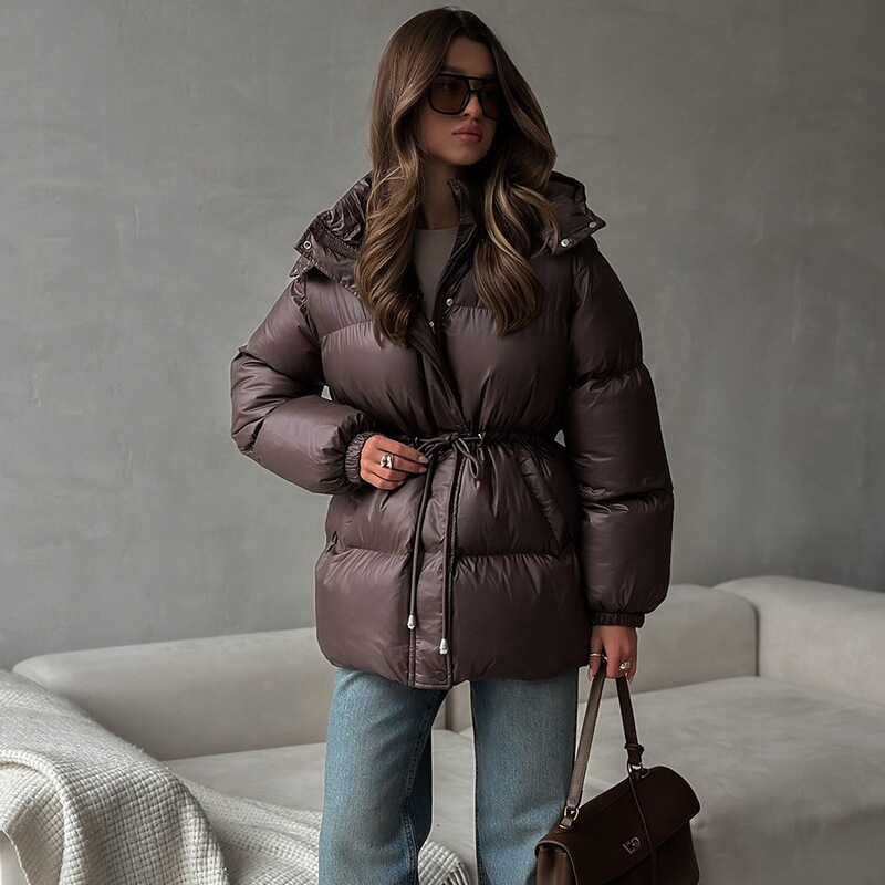 Cross-Border Drawstring Slim Cotton Jacket European and American 2025 Winter New Hooded Zipper Cotton Jacket Comfortable and Warm Cotton Jacket