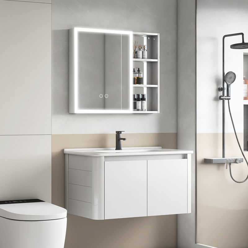 Creamy viento blanco espesado espacio gabinete de baño de aluminio combinado cerámica lavabo de mano lavabo lavabo