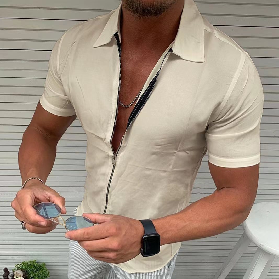 Comercio exterior 2022 verano transfronterizo de los hombres de color sólido cremallera camisa de manga corta de los hombres delgados de solapa casual cardigan top