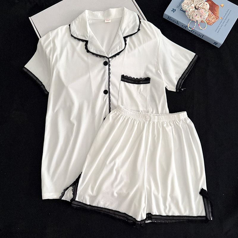 Venta al por mayor transfronteriza de nuevos pantalones cortos de verano de manga corta cardigan pijamas de solapa de imitación para mujer traje simple servicio a domicilio