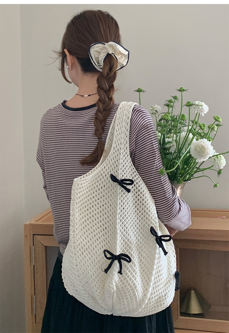 255g Weight Weave Fashion Element Open Closure Type Double Shoulder Straps Strap Type Tote Bag Bags Type Casual, Holiday Occasion Knit Material Bow Knot Pattern Spring&Summer Season Women's Gender Vacation, Beach Style Oval Shape Women's Knit Bow Knot Vacation Beach Weave Oval Open Tote Bag 2