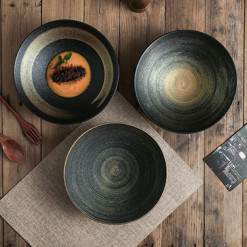 Tazón de sopa grande de cerámica de arena de oro negro pintado a mano, tazón de ensalada de alta calidad, vajilla de hotel, plato de cerámica, tazón de comedor doméstico, grande