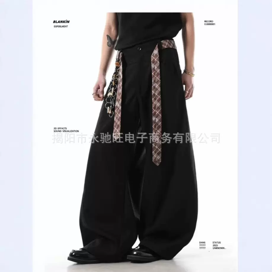 时尚潮流黑色老钱风领带弯刀微喇西裤男痞帅高级感裤子宽松直筒裤