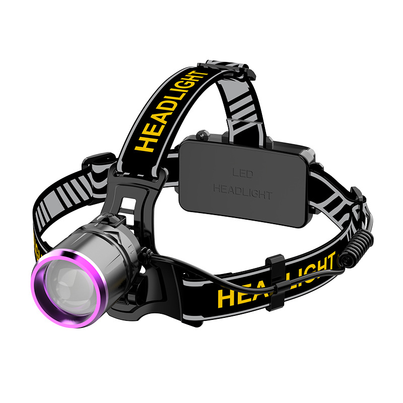 Faros de doble luz blanco y morado, viajes al aire libre, pesca nocturna, faros de luz fuerte, zoom telescópico, faros de aleación de aluminio recargables de largo alcance