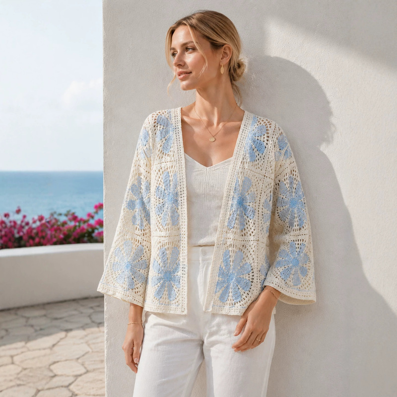 Bohemian style knitted cardigan for women, thin, hollow-out crochet, versatile jacket, long-sleeved women's top, unique design