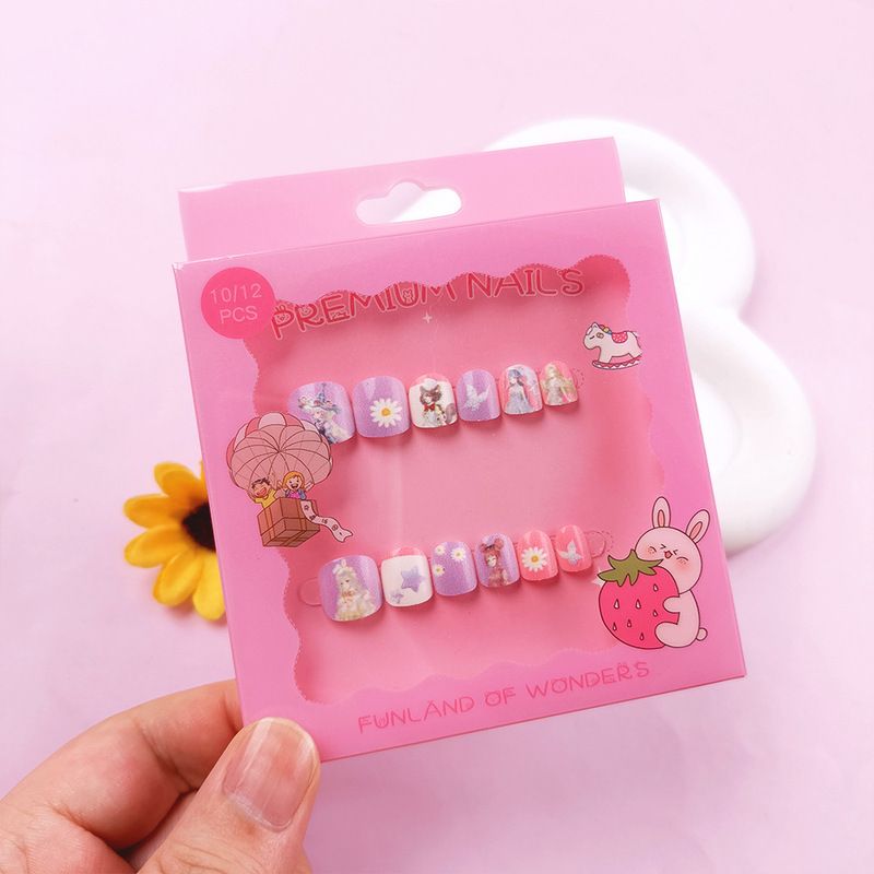 Cute Purple Flower Cartoon Children's Nail Stickers, 10 Pieces Student Nail Art Nail Pieces, Sweet and Skin-Brightening Nail Stickers Mixed Batch