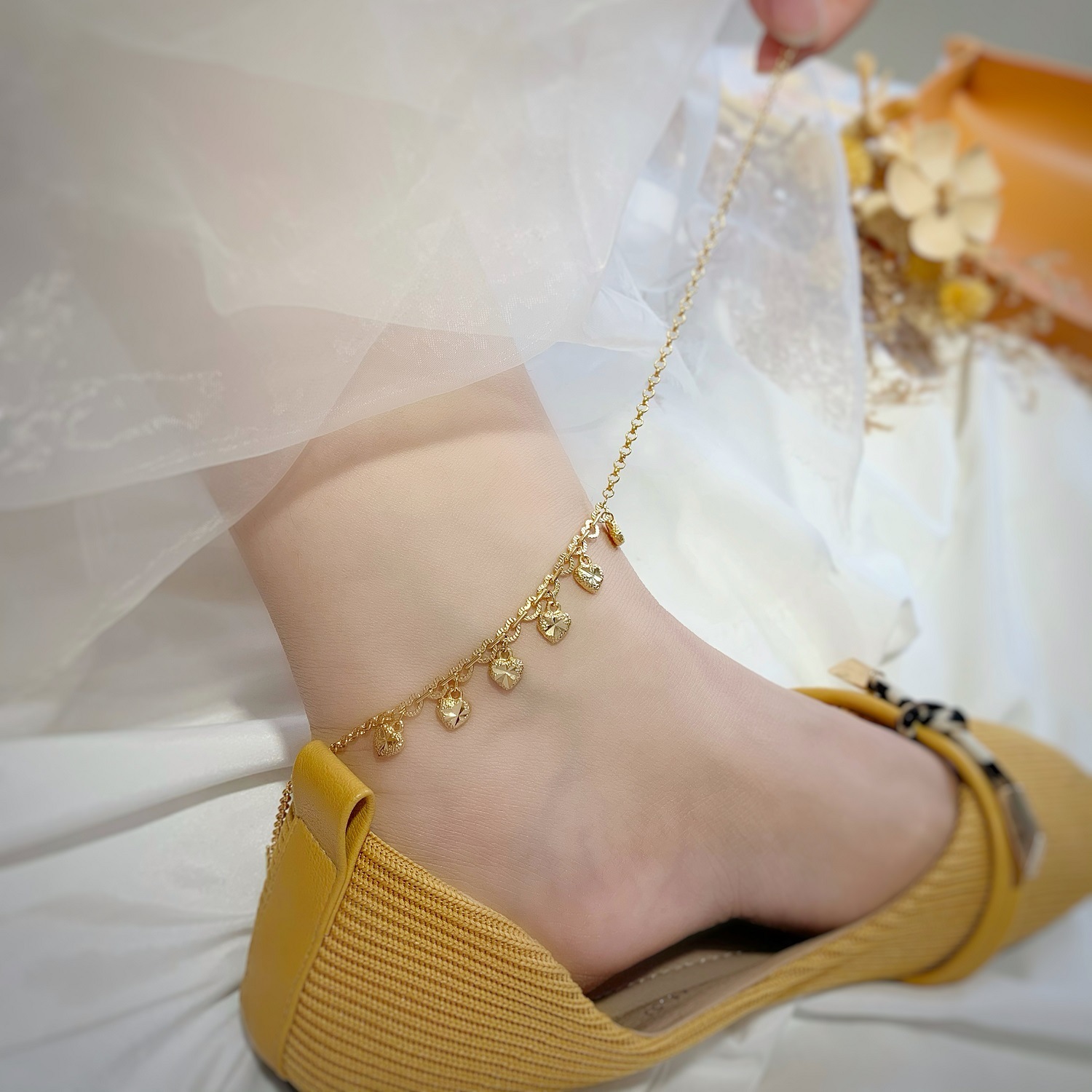 Vietnamese sand gold hollow love foot ornaments that will not fade for a long time copper plated 24k gold bell tassel anklet for women summer