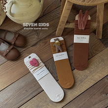 包邮爱心小熊饰品双针儿童袜子2025秋冬新款韩版素色女童潮堆