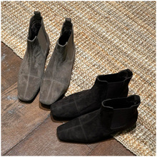 SKO羊皮绒面时装靴2025秋冬新款女款韩版真皮方头瘦瘦靴粗跟舒适