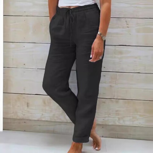 Europe and America cross-border new foreign trade Amazon wish women's high-waist elastic waist pure color cotton linen casual pants