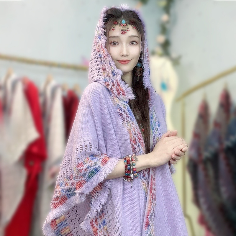 旅游民族风连帽披肩女外搭新疆云南波西米亚空调房流苏针织衫斗篷|undefined
