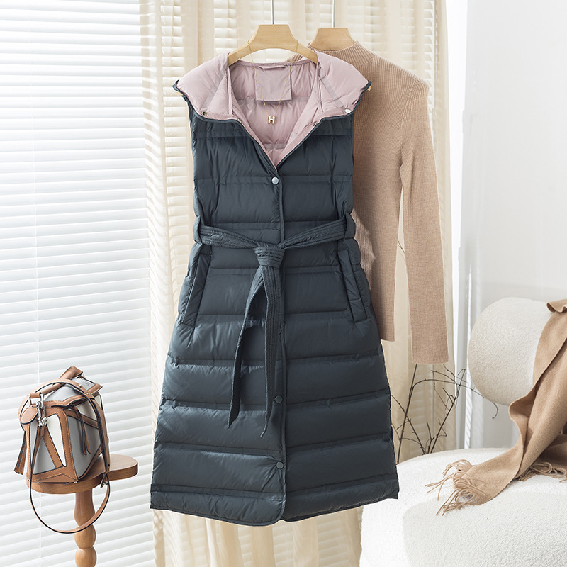 2024 autumn and winter fashion hooded pressure glue long belt white duck down single-breasted down vest white duck down