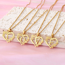 跨境新款时尚26字母爱心花朵镂空项链女创意叶子金色心形吊坠项链
