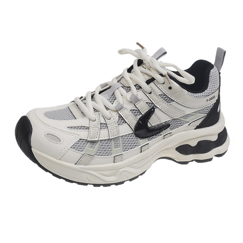 2025 Autumn/Winter New Genuine Leather Mesh Thick-soled Dad Shoes, Specially Designed For Women, Versatile Round-toe Lace-up Casual Style._voghion.com