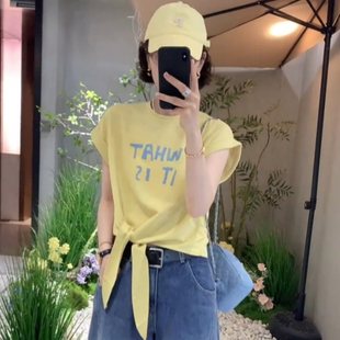 Western-Style Age-Reducing Letter Printed Small Flying Sleeve T-Shirt for Women, Spring and Summer Style, Relaxed, Loose and Slim Cotton Top