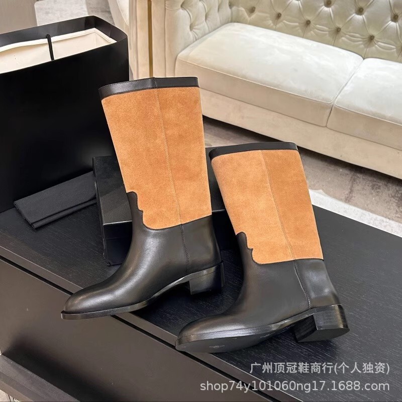 高版小香2025秋冬新款真皮底拼色粗跟圆头平底麂皮中筒马丁短靴女|undefined