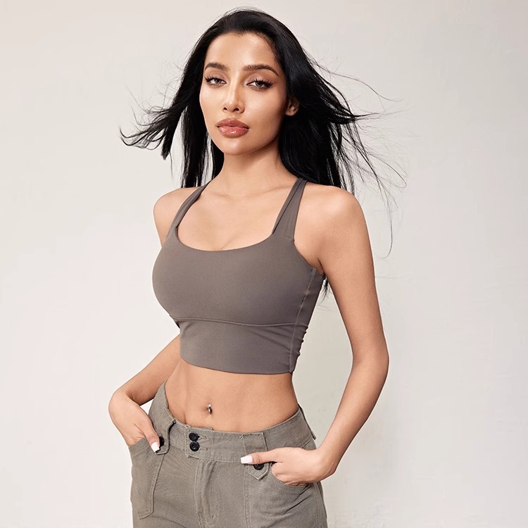 Twist-knit crossback exercise bra for women with fixed cups, yoga innerwear, wide shoulder straps, fitness backless top