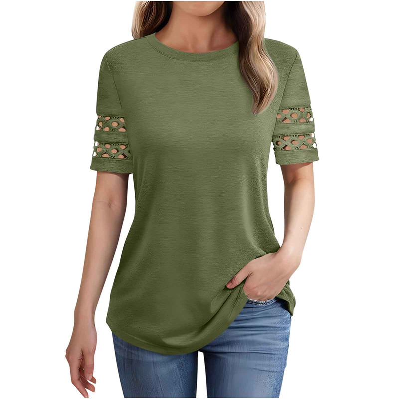 2025 Cross-Border Women's Clothing Amazon Independent Station Summer New Lace Splicing Short-Sleeved T-Shirt Round Neck Top