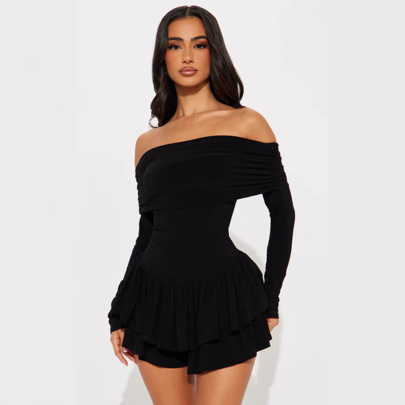 European Cross-Border Spring and Autumn Long-Sleeve Backless Off-Shoulder Fashion Elegant A-Line Dress Solid Color Women's Clothing